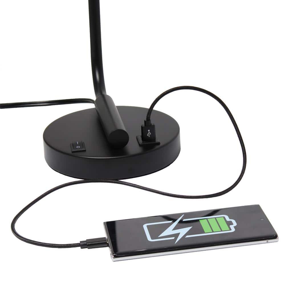 Arcadian Black Iron Desk Lamp with USB Ports and Glass Shade
