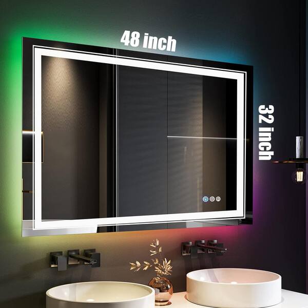 MYCASS RGB 48 in. W x 32 in. H Rectangular Frameless LED Mirror Memory with  Backlit Light, Anti-Fog Wall Bathroom Vanity Mirror BTCMMR12080RGB - The  Home Depot