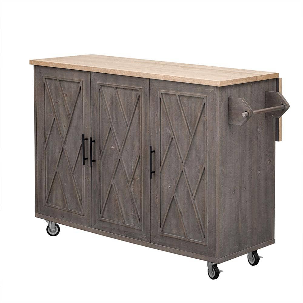 Brown Solid Pine Wood 51 in. Geometric Twill Stripe Textured Kitchen Island