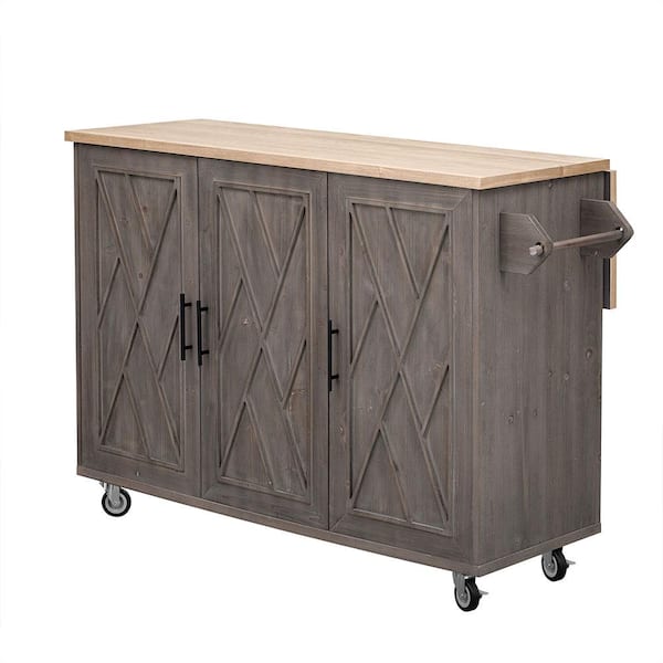 Unbranded Brown Solid Pine Wood 51 in. Geometric Twill Stripe Textured Kitchen Island with Drop Leaf, Storage Rack and Towel Rack
