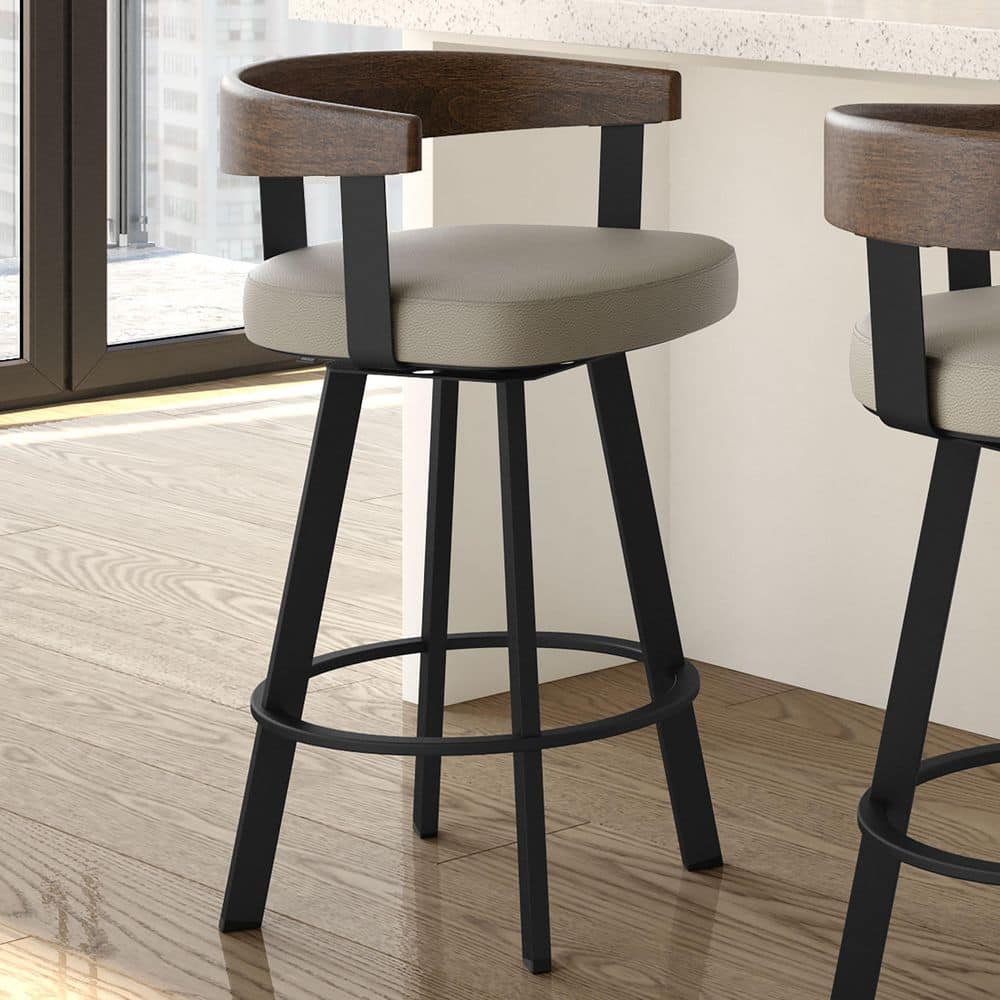 Lars 26" Gray Faux Leather Swivel Counter Stool with Wood Backrest