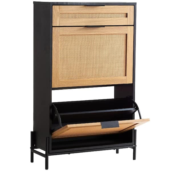 Slim Shoe Storage Cabinet with 2 Flip Drawers and Top Drawer, Rattan Front, Metal Legs, Entryway Organizer