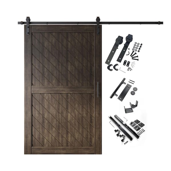 HOMACER XT2 42 in. x 80 in. C-Panel Ebony Slanted Stripe Design Solid Pine Wood Sliding Barn Door with Hardware Kit