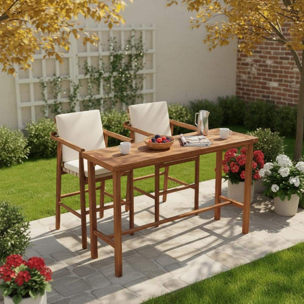 3-Piece Acacia Wood Outdoor Bar Set with Beige Cushions for Backyard, Poolside price history on PriceWatchPro