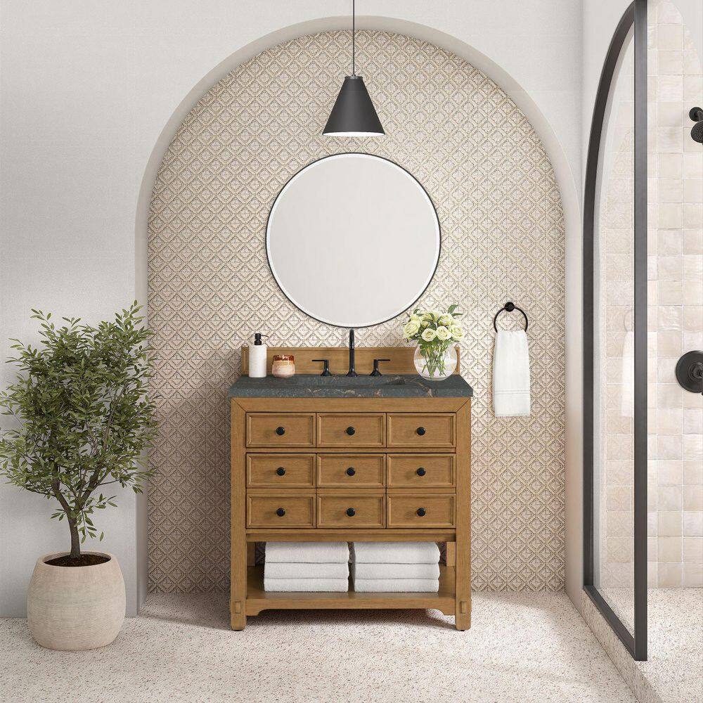 Malibu 36.0 in. W x 23.5 in. D x 35.98 in. H Single Bath Vanity in Amber Birch with Parisien Bleu Quartz Top price history on PriceWatchPro