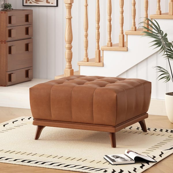 Ansel Mid-Century Modern Brown Faux Leather Upholstered Square Tufted Accent Ottoman