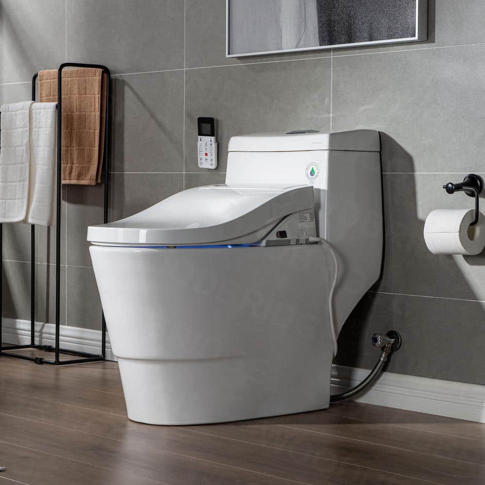 White Porcelain Elongated One-Piece Dual Flush Toilet with Smart Bidet