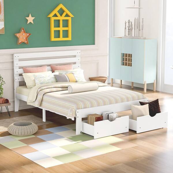 Polibi White Wood Frame Full Size Platform Bed With Drawers HARI-752AAK ...