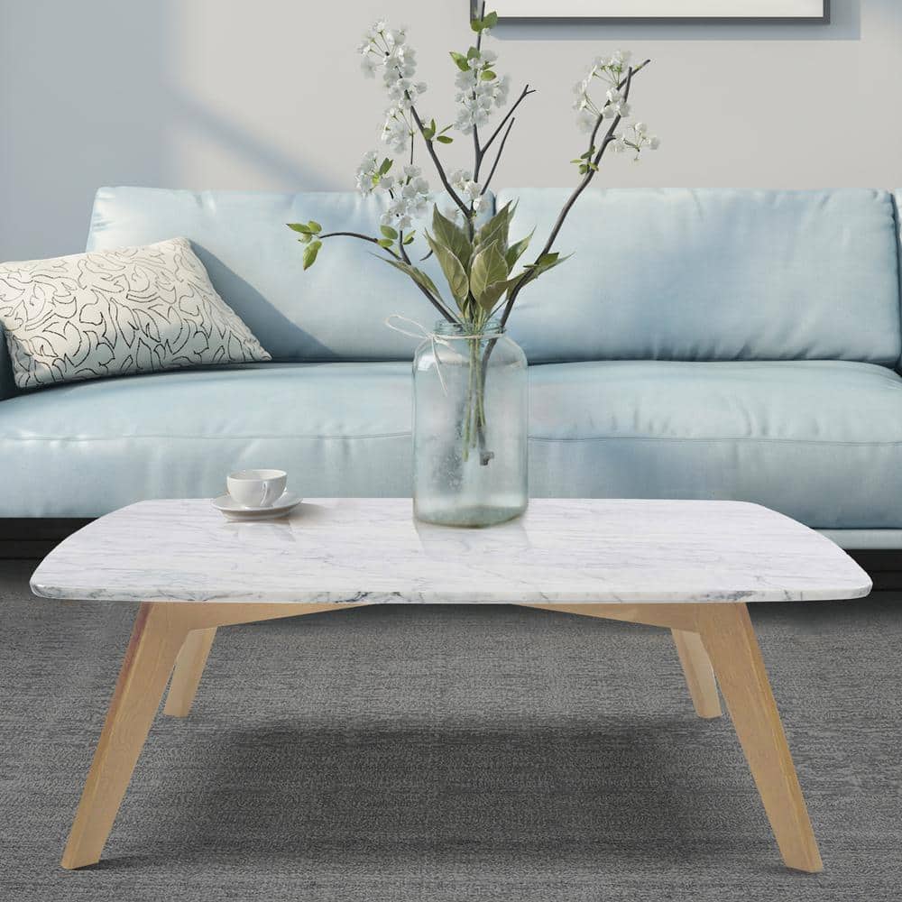 Vezzana 32" Square White Marble Table with Oak Legs