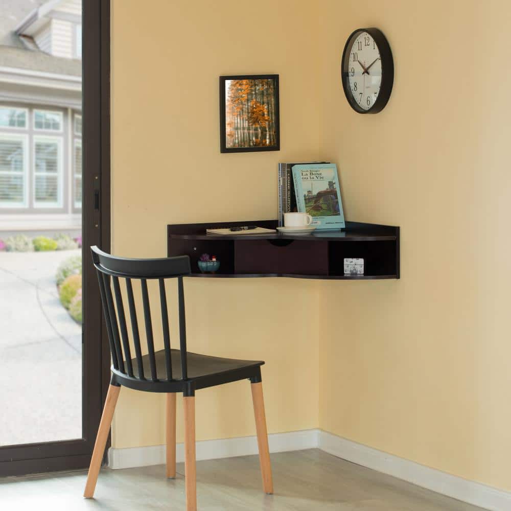 Elegant Heart-Shaped Brown Corner Writing Desk with Drawer and Shelves