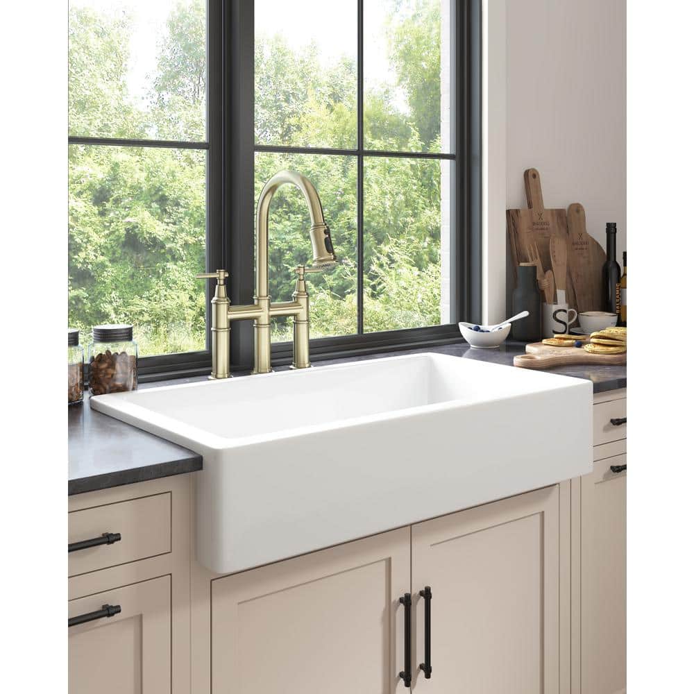 Brushed Gold Brass Bridge Kitchen Faucet with Pull-Out Spray