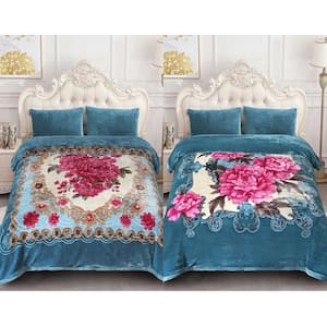 Blue Floral 83 in. x 91 in. Reversible Printed Polyester Fleece Mink Warm Thick Winter Blanket