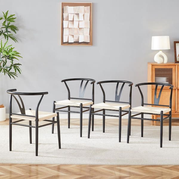 Black Metal Frame Linen Woven Seat Dining Chair, ArmChair Set of 4