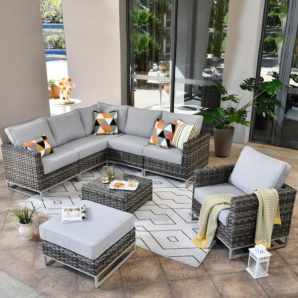 HOOOWOOO Mille Lacs Gray 8-Piece NO ASSEMBLY Wicker Outdoor Patio Conversation Sectional Sofa Set with Light Gray Cushions