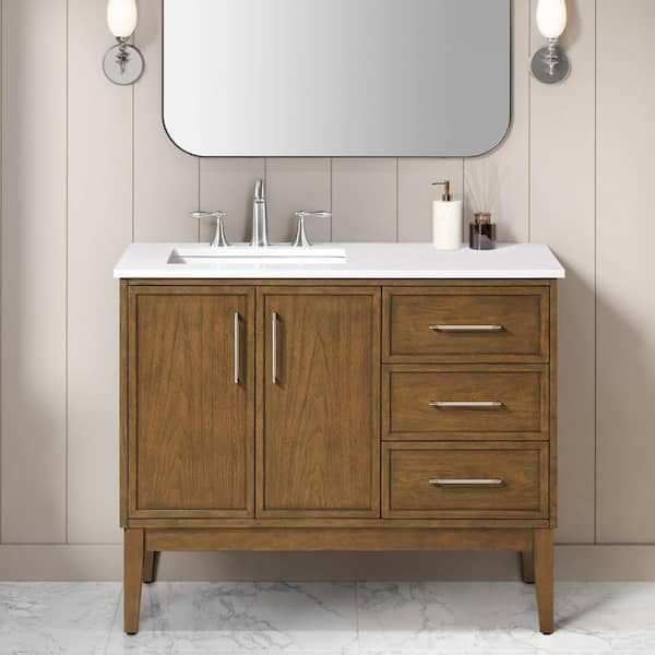 Kira 42 in.  Freestanding Warm Walnut Bath Vanity with White Engineered Stone Top and Brushed Nickel Hardware