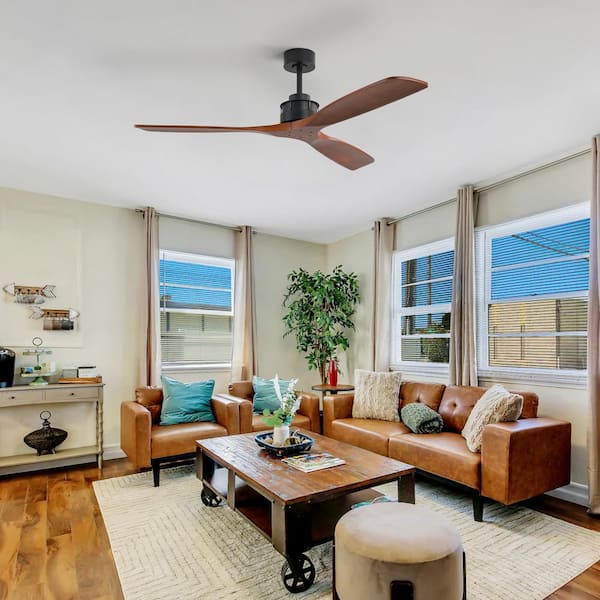 60 in. Indoor Standard Solid Wood Black Ceiling Fan without Light, Remote Control and DC Motor Included, Downrod Mount