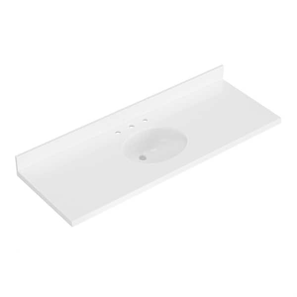 61 in. W x 22 in. D in Pure White Quartz with 1.5 in Thick Milter Edge with White Round Single Sink Vanity Top in White