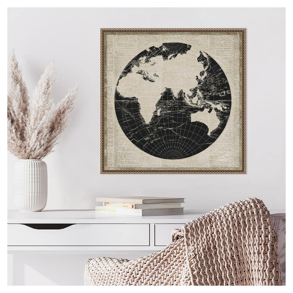 World News Map II Navy Canvas Print with Bronze Frame