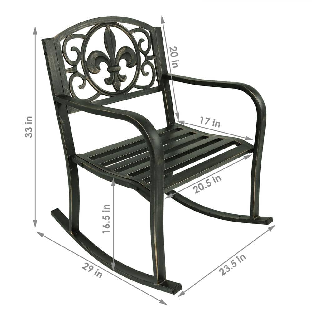 Black Cast Iron and Steel Fleur-de-Lis Outdoor Rocking Chair