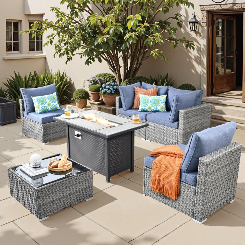 Sanibel Gray 6-Piece Wicker Outdoor Patio Conversation Sofa Sectional Set with a Metal Fire Pit and Denim Blue Cushions price history on PriceWatchPro