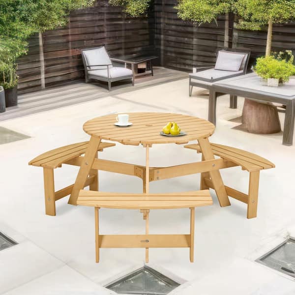 63 in. Natural Outdoor Round Wood Picnic Table Seats 6-People