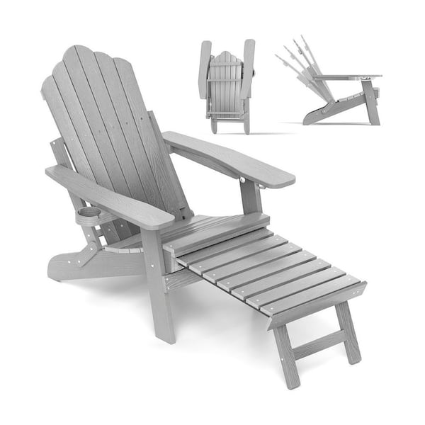 Gray HIPS Plastic Patio Adirondack Lounge Chair with Retractable Footrest(1-Pack)