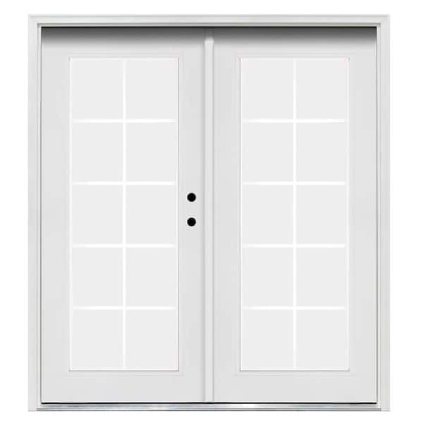 72 in. x 80 in. White Universal Inswing Premium Fiberglass 10 Lite GBG LOE Glass Hinged Patio Door with Brickmold