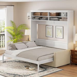 White Wood Frame Queen Size Murphy Bed with Sofa