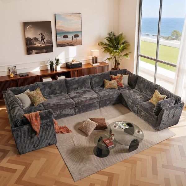 Allwex CUKE 159 in. Wide 8-Piece Modern Deep Seat Plush Corduroy U