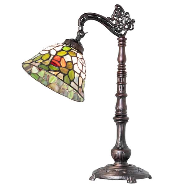 MEYDA Rosebush 20 in. Mahogany Bronze Armed Dimmable Rustic Desk Lamp with Stained Glass Shade