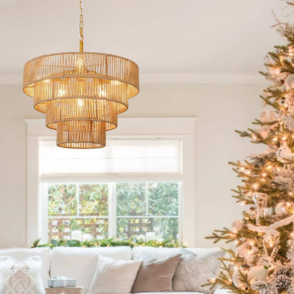 Brass and Rattan Tiered Geometric Pendant Light