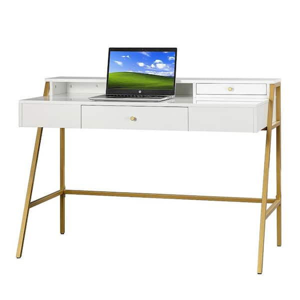 JAYDEN CREATION Xiroma White Writing Desk with Golden Base