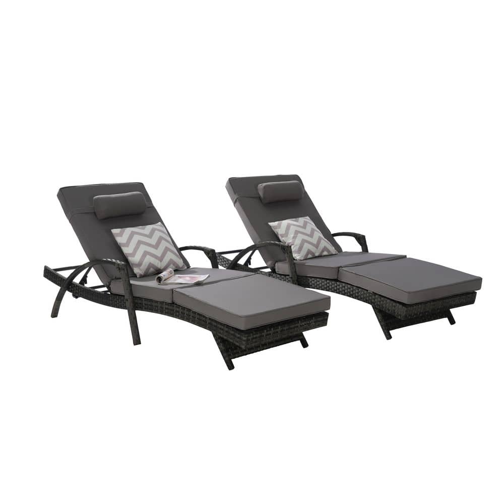 Modern Wicker Outdoor Recliner Lounge Chair Set of 2 with Dark Gray Cushion