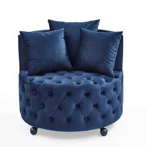 Blue Velvet Upholstered Swivel Chair with Button Tufted Design and Movable Wheels