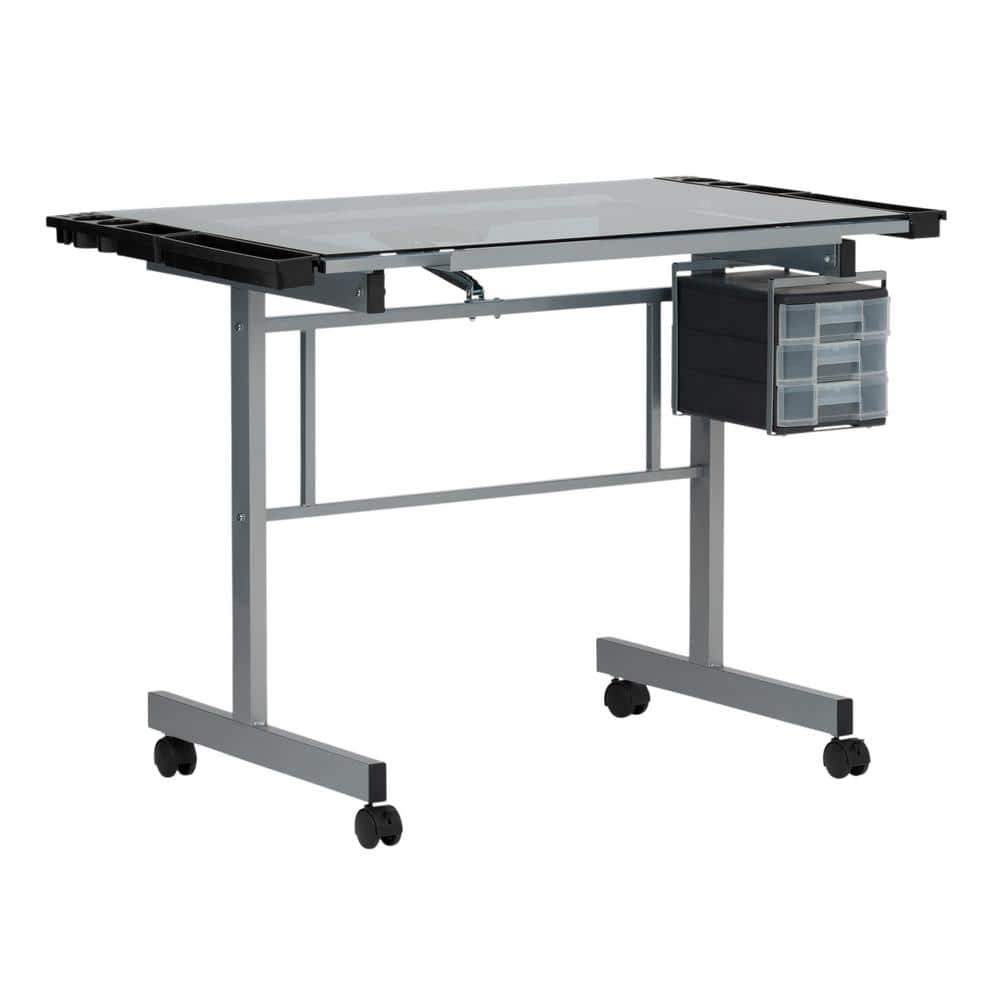 Silver-Blue Tempered Glass Craft & Drawing Desk with Adjustable Angle
