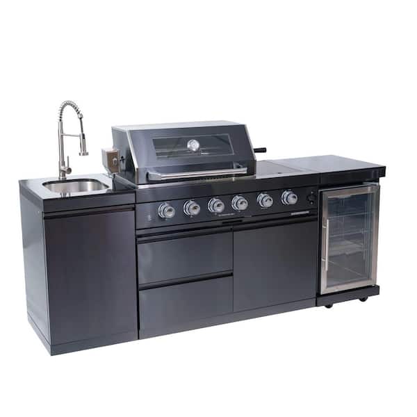 46 in. Deluxe 4-Burner 72000BTU BBQ Propane Grill Island. Stainless Steel Rotisserie, Refrigerator, Sink, Black