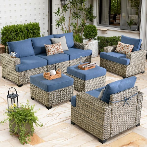 Taylor 7-Piece Wicker Outdoor Patio Conversation Seating Set with Denim Blue Cushions