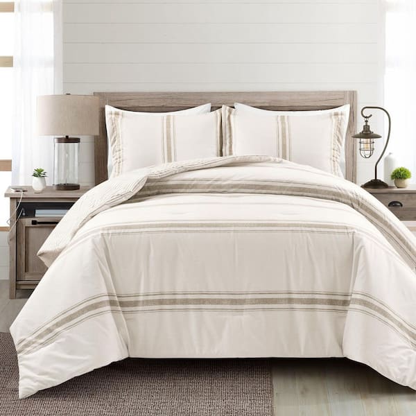 Farmhouse Stripe 3-Pieces Neutral Rustic Cotton Blend King Comforter Set