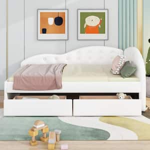 Wood Frame Twin Size Leather Tufted Platform Bed, Daybed with 2-Drawers and Cloud Shaped Guardrail, White
