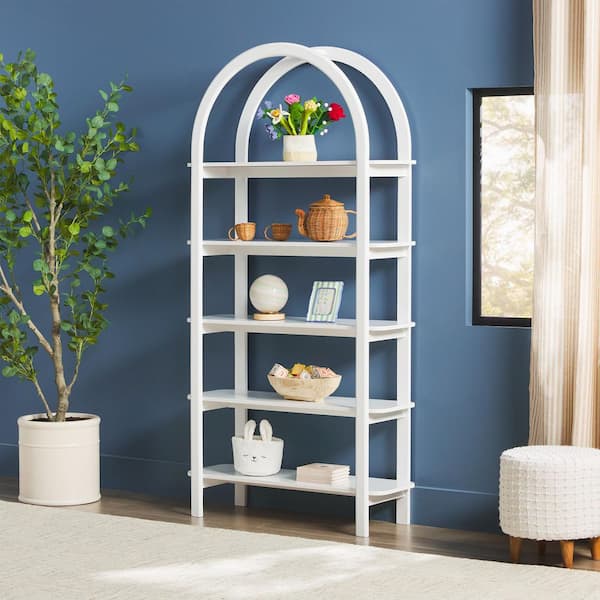 Zoey 72 in. Tall White MDF/Solid Pine Wood 5 Shelf Arched Modern Bookcase