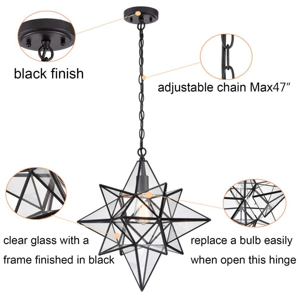 Geometric Black and Clear Glass Star Pendant Light with Adjustable Chain