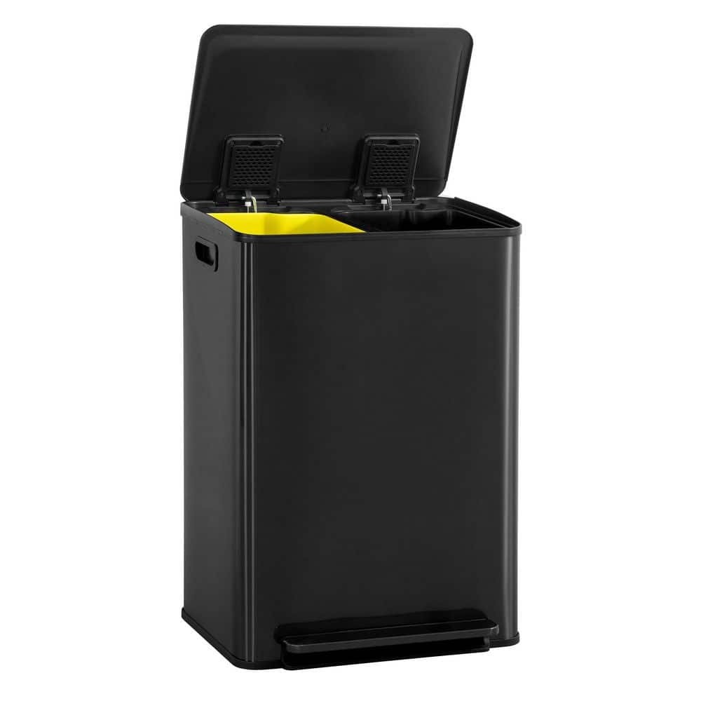 CAPHAUS 16 gal. Black Stainless Steel Metal Household Dual Trash Can with Single Lid 30L Plus 30L