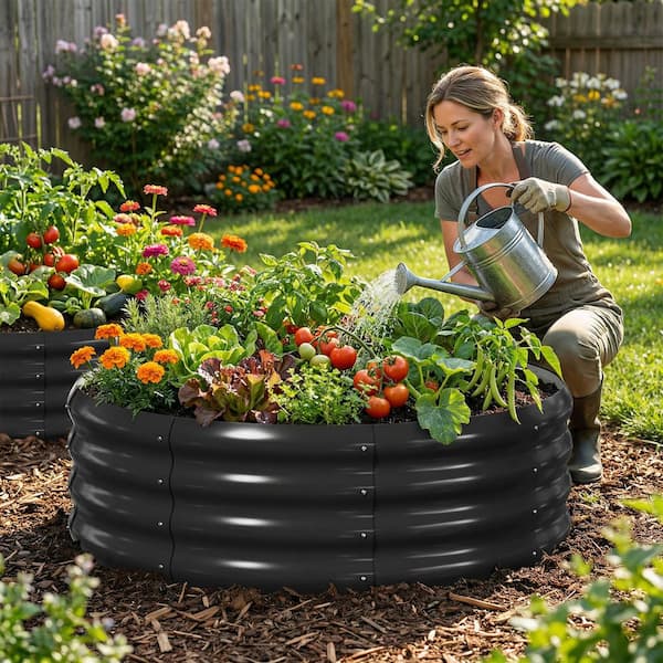 3-Pack Round Galvanized Raised Garden Bed, 3 ft. W x 1 ft. H Metal Garden Bed Outdoor, Above Ground Planter Box, Black