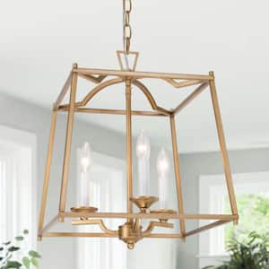 14.5 in. 3- -Light Modern Gold Lantern Chandelier with Geometric Cage