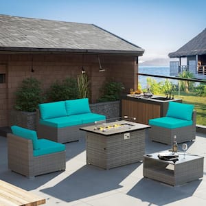 6-Piece Wicker Outdoor Patio Sectional Conversation Set with Turquoise Cushions and Fire Pit Table