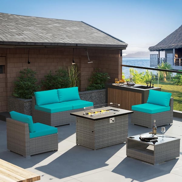 Gardenbee 6-Piece Wicker Outdoor Patio Sectional Conversation Set with Turquoise Cushions and Fire Pit Table