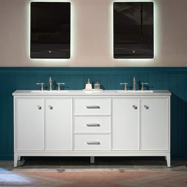 WOODBRIDGE 73 in. W x 22 in. D Double Ceramic Sink Freestanding Bath Vanity in White with Carrara White Engineered Stone Vanity Top