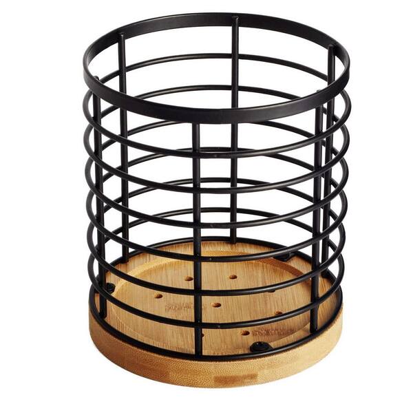 Matte Black Steel and Wood Utensil Holder with Wooden Base Countertop Organizer 5.2 in. x 5.2 in. x 6 in.