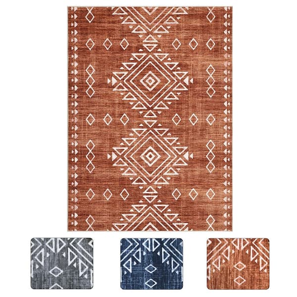 Brick Red 6x9ft Geometric Retro Corridor Strip Carpet Tribal Style Distressed Area Rug