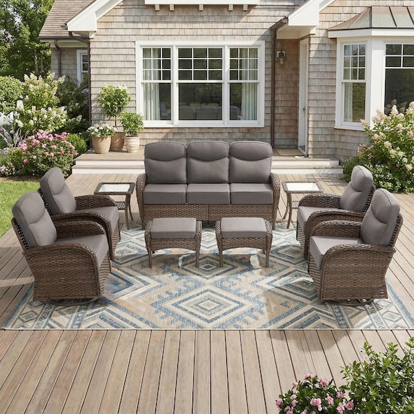Moonridge 9-Piece Brown Wicker Patio Conversation Set with 6 in. Olefin Gray Cushions/Patio Swivel Chair with Sofa